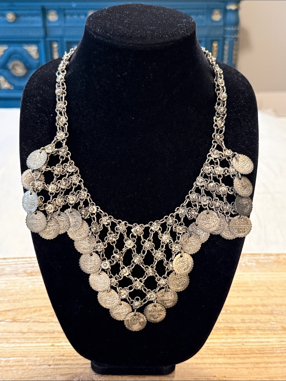 Vintage Silver Tone Indian Jingle Celtic Beaded Bib Pendant Statement Necklace